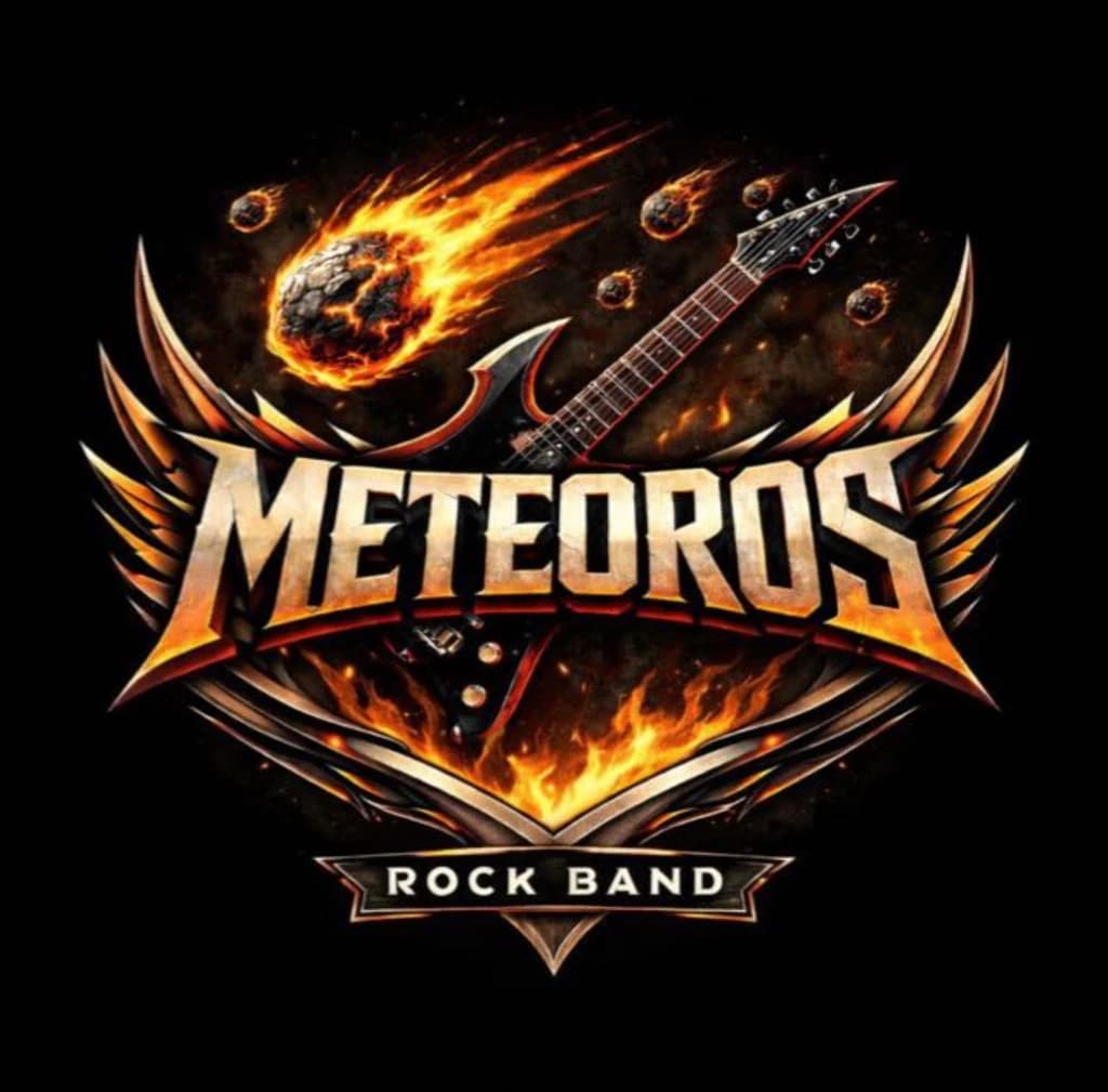Logo da banda Meteoros: um meteoro em chamas sobre asas e uma guitarra
