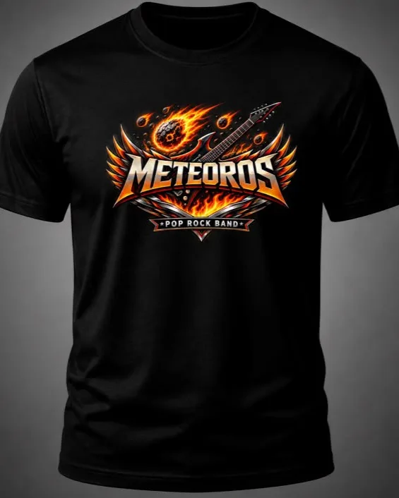 Camiseta preta de modelagem masculina com o brasão da Meteoros estampado no peito